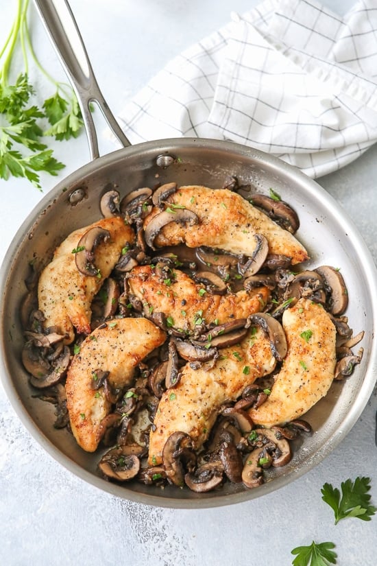Chicken and Mushrooms in a Garlic White Wine Sauce is a great-tasting, 20-minute dish, perfect for busy weeknights! We like it served with brown rice, pasta, quinoa or farro on the side, or a serve it with roasted veggies and a salad.