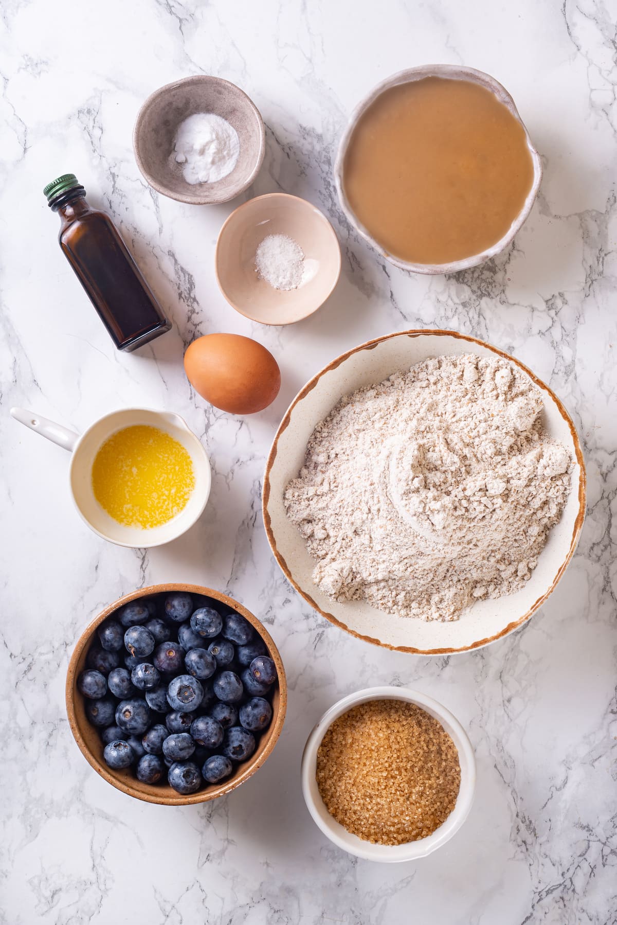 Overhead view of ingredients for blueberry muffin recipe