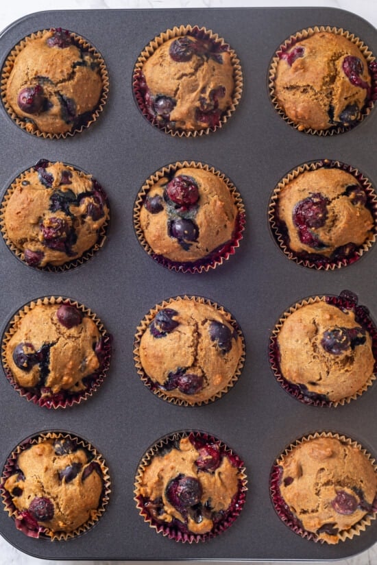 Overhead view of blueberry muffin recipe baked in pan