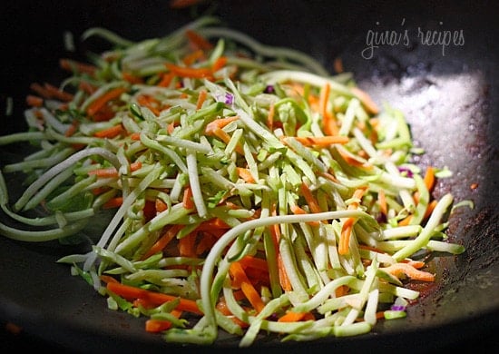 Veggies sauteed in wok until tender and crisp.
