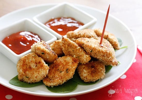 Healthy Baked Chicken Nuggets are made with chunks of chicken breasts coated in breadcrumbs and Parmesan cheese then baked until golden.
