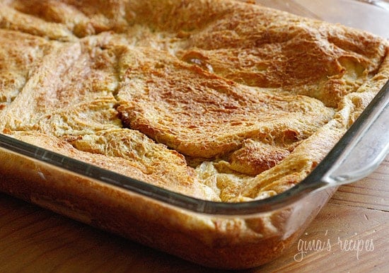 Baking dish filled with baked french toast slices
