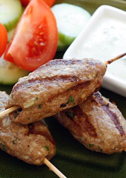 If you're looking for something different to make at your next BBQ, give these Middle Eastern inspired turkey kebabs a try! A cross between a grilled meatball and a hamburger on a stick. You can skip the stick if you wish or even cook them in a skillet, but with Memorial Day around the corner, I thought these would be fun!