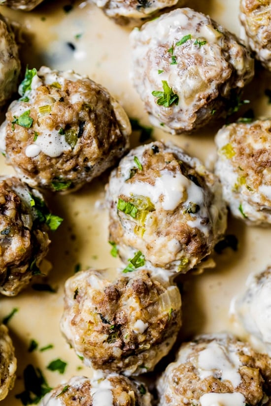 My family loves these Swedish meatballs. They are so tender and flavorful and much lighter than traditional recipes out there. And, let’s not forget the sauce! The creamy sauce really makes the dish.