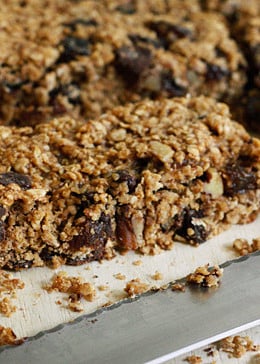 Moist and Chewy low fat granola bars loaded with oats, chocolate chips, raisins and pecans in every bite. Perfect for breakfast or an afternoon snack.