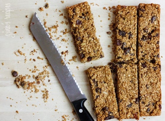 Moist and Chewy low fat granola bars loaded with oats, chocolate chips, raisins and pecans in every bite. Perfect for breakfast or an afternoon snack.