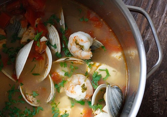 A great tasting hearty seafood and shellfish soup made with halibut, littleneck clams and shrimp. Serve this with a crusty piece of bread and you have yourself a complete meal.