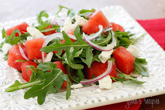 A refreshing summer salad, made with sweet watermelon, peppery arugula and feta cheese.