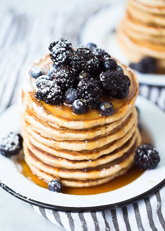 These are the BEST tasting, light and fluffy whole wheat pancakes made from scratch – high in fiber, so they leave you feeling full and satisfied throughout the day.