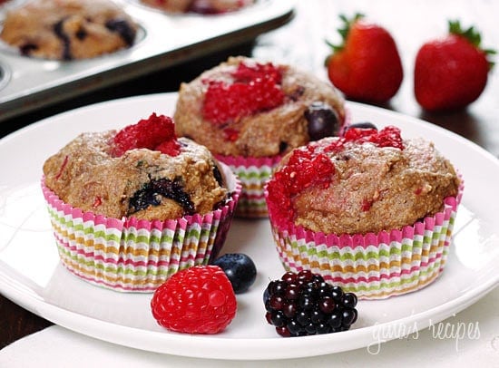 Fresh raspberries, strawberries, blueberries and blackberries baked in low-fat whole wheat muffins. Perfect for breakfast or to enjoy as a snack.