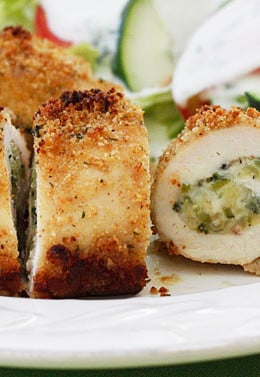 Chicken breast stuffed with shredded zucchini, garlic and mozzarella cheese, rolled then dipped in oil and fresh lemon juice, breaded and baked to perfection!