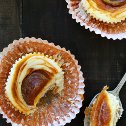 These cheesecake cups are made light with Greek yogurt and swirled with pumpkin butter on top. Vanilla wafers on the bottom of these cheesecake cups create a simple, no-fuss crust. When the cheesecake cups bake, the cookies soften and all the flavors work together.