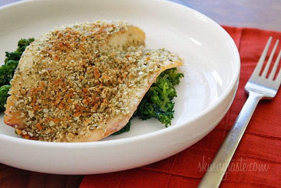 Tilapia filets topped with crushed pumpkin seeds, panko and seasonings, then baked until golden. This is super easy to make and is ready in less than 30 minutes.