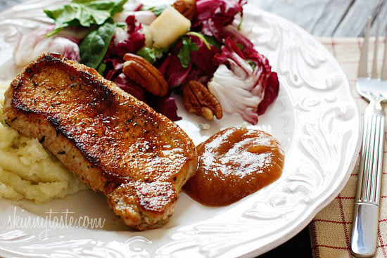 Pork chops and apple sauce with with buttermilk mashed potatoes and an Autumn Salad with Pears on the side.