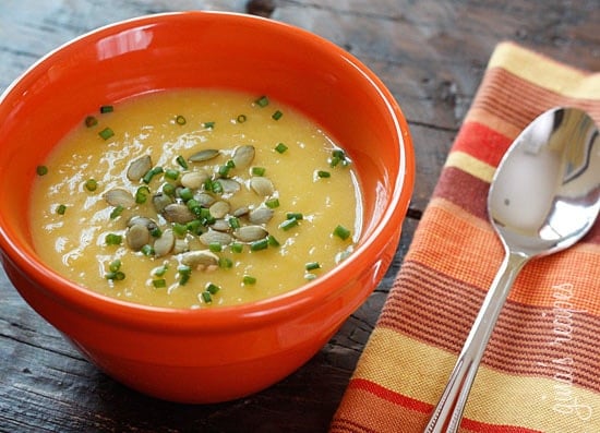 Roasted acorn squash with sauteed leeks topped with pepitas and chopped chives. Leeks are reminiscent of shallots but sweeter and more subtle, a perfect compliment to winter squash. If you like Potato Leek Soup, I think you will love this soup.
