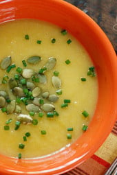 Roasted acorn squash with sauteed leeks topped with pepitas and chopped chives. Leeks are reminiscent of shallots but sweeter and more subtle, a perfect compliment to winter squash. If you like Potato Leek Soup, I think you will love this soup.