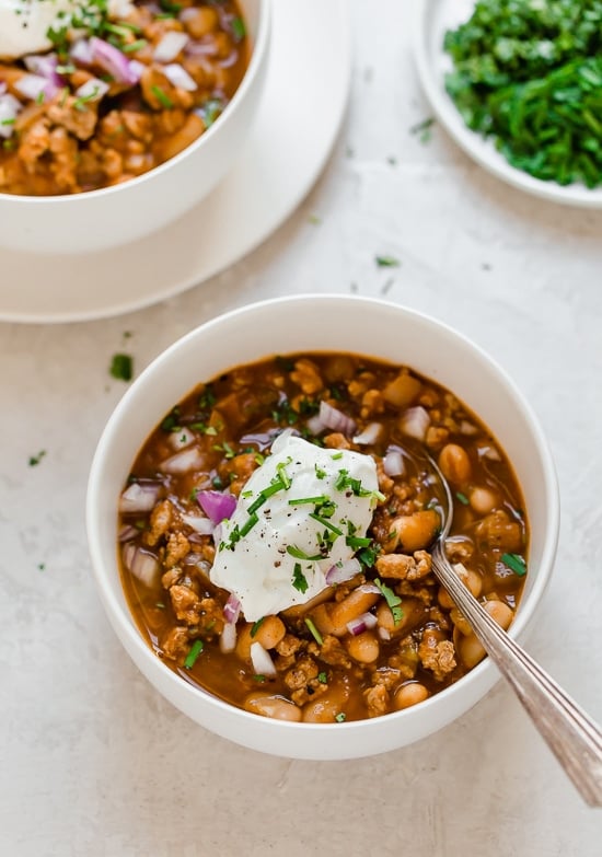 Turkey Pumpkin White Bean Chili made in the Slow Cooker or Instant Pot!