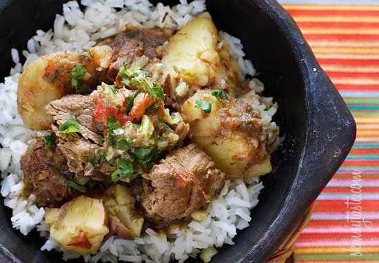 Carne Guisada or Latin Beef Stew โ Chunks of beef are simmered in beer with scallions, garlic, tomatoes, cumin and cilantro. Sometimes I make it with just the meat, sometimes I add yucca or potatoes. Serve this over rice with a little aji picante and you'll have a delicious comfort dish, Latin style!