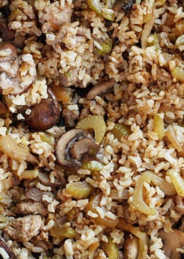 Brown rice stuffing made with Italian chicken sausage, celery, mushrooms, and onions. Serve this as a Thanksgiving side dish or you can even enjoy this as a meal. It's so good and naturally gluten free!