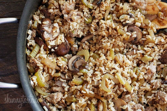 Brown rice stuffing made with Italian chicken sausage, celery, mushrooms, and onions. Serve this as a Thanksgiving side dish or you can even enjoy this as a meal. It's so good and naturally gluten free!