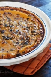 Pumpkin Hazelnut Flaugnarde (Clafoutis) – A warm rustic pumpkin custard sweetened with agave and baked with toasted hazelnuts.