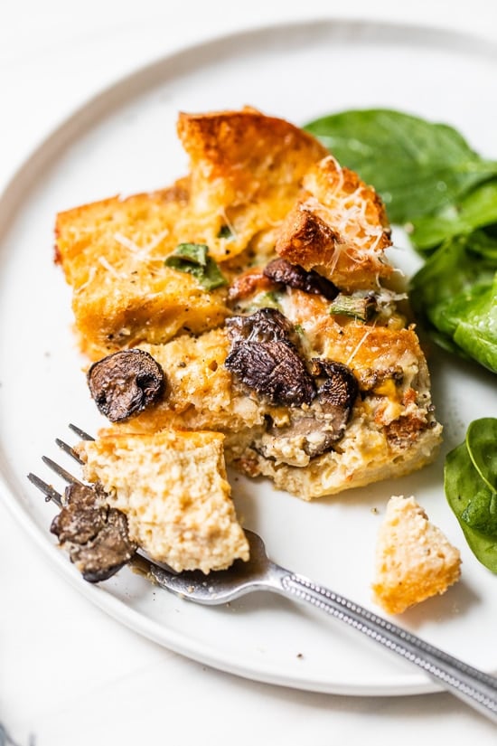 Breakfast Sausage and Mushroom Strata is a breakfast casserole made with pre-made bread, eggs, cheese, sausage and mushrooms. Use your imagination and you can make anything!