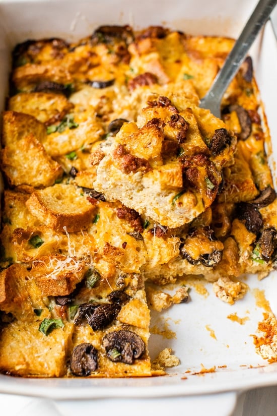 Breakfast Sausage and Mushroom Strata, a make-ahead breakfast casserole made with day old bread, eggs, cheese, sausage and mushrooms.  You can make this with just about anything, just use your imagination!