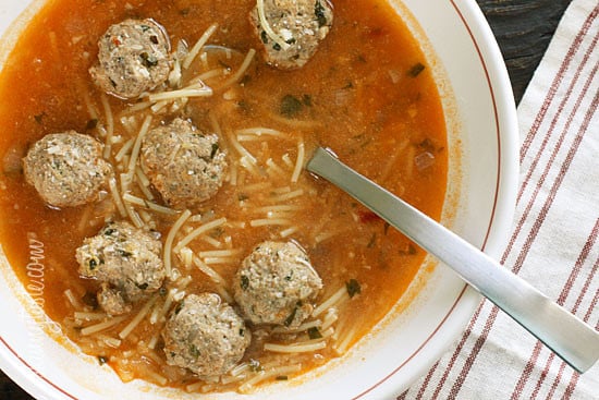 What can be more kid friendly than a bowl of soup with spaghetti and meatballs! Lean turkey meatballs are cooked in a light tomato broth with cut up spaghetti. This is a one pot meal my whole family loves and leftovers are great for lunch.