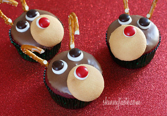 Red velvet yogurt cupcakes topped with a chocolate glaze. These festive reindeer cupcakes are easy to make perfect for a Holiday party!