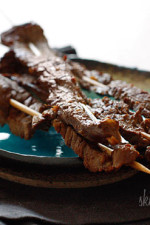 Thin strips of grilled flank steak marinated with lime juice, ginger, garlic, sesame oil and soy sauce. These skewers disappear quickly at every gathering, so you may want to make a lot!