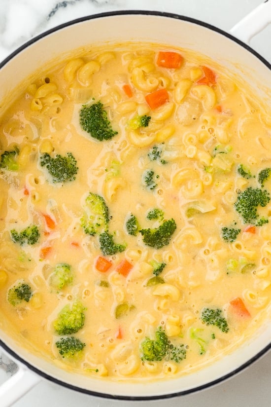 Macaroni and Cheese Soup with Broccoli in a pot