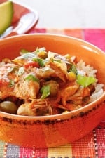 Chicken a la Criolla, a simple yet flavorful Latin dish made with stewed boneless skinless chicken thighs bell peppers, onions, garlic, tomatoes, olives, cilantro and spices. Slow cooker or Instant Pot directions provided.