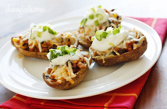 Skinny potato skins loaded Santa Fe style with mildly spiced turkey, black beans, corn and tomatoes topped with cheese - you won't be able to stop at just one!