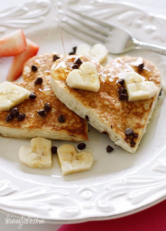 Valentine's Day is coming up and I can't think of a better way to start the morning than with these fabulous light and fluffy Chocolate Chip Banana Pancakes!