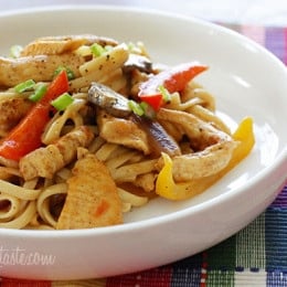 Cajun Chicken Pasta is lightened up, made with chicken strips, bell peppers, red onion, mushrooms and scallions in a creamy light Cajun sauce.