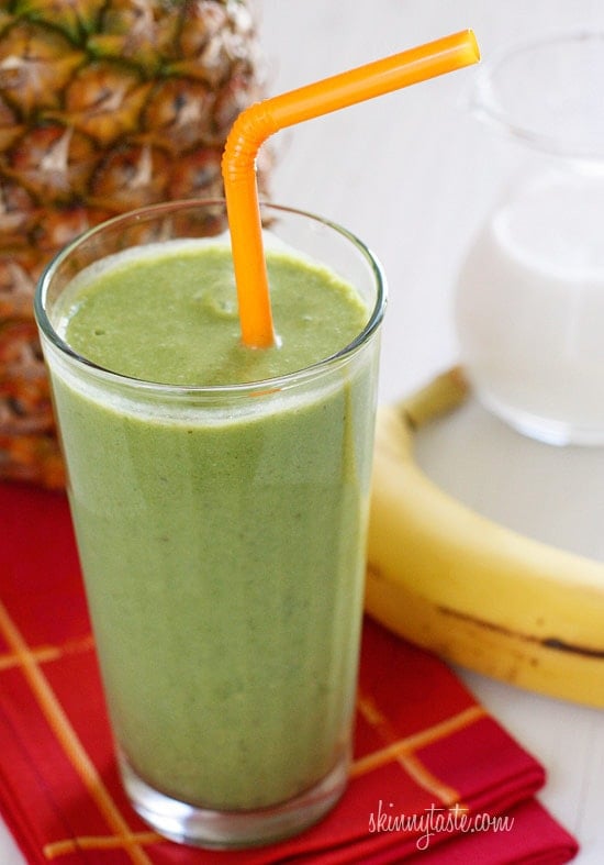 A skinny tropical green smoothie made with pineapple, shredded coconut and bananas, then blended with spinach, light coconut milk and Greek yogurt. High in Vitamin A, B-6, C, Manganese and fiber.
