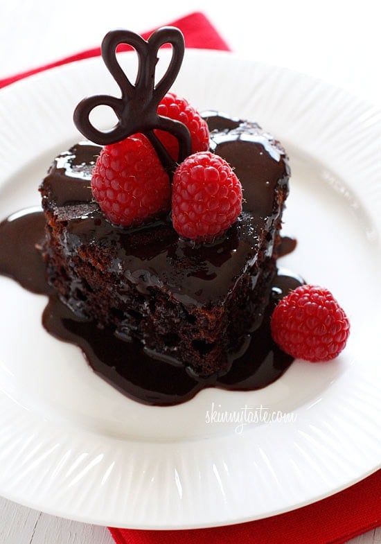 Be still my chocolate loving heart, a moist chocolate cake made from scratch with only three tablespoons of oil in the entire treat! Top this with some chocolate syrup and fresh raspberries and oh my, what a chocolate dessert!