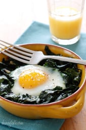 Perfect cool Spring morning to turn my oven on for this simple baked eggs breakfast with wilted baby spinach. High in vitamin A, C, Folate, Manganese and Potassium.
