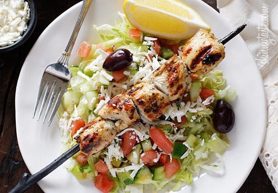 Mediterranean Salad with Grilled Chicken Skewers