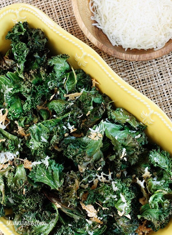 Delicious and easy to make baked kale chips with parmesan makes this a great low-fat, low-calorie, low-carb, gluten-free, vegetarian, and antioxidant rich snack.