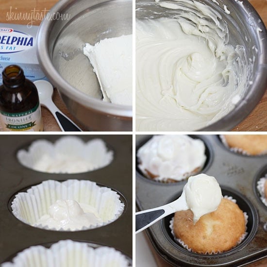 A quick and easy coconut cupcake made with a box white cake mix, light coconut milk and apple sauce. No butter, no oil necessary for this lower calorie cupcake recipe! Sweetened coconut flakes are combined with a light cream cheese frosting for a divine finish!