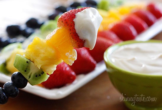 Rainbow Fruit Skewers with Yogurt Fruit Dip – A healthy snack or dessert for kids and adults alike!