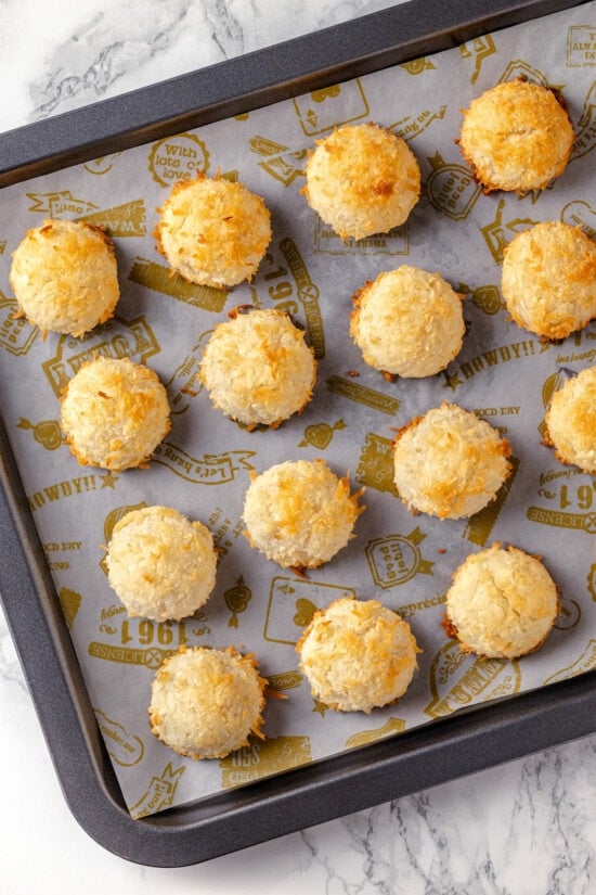 Baked coconut macaroons on a baking sheet