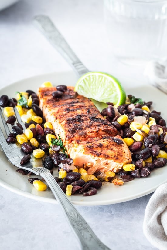 Smoky Spice Rubbed Grilled Salmon with Black Beans and Corn 14