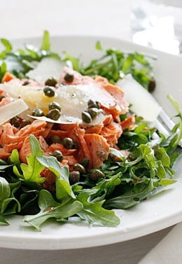 Whenever I make salmon for dinner, I usually cook an extra piece for lunch just to make this arugula salmon salad with capers and shaved Parmesan – loaded with good fats and omegas!