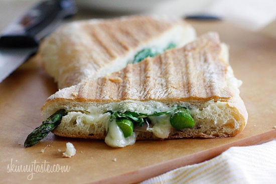 A ciabatta panini with melty swiss cheese, asparagus, uncured ham, arugula and garlic mayonnaise.