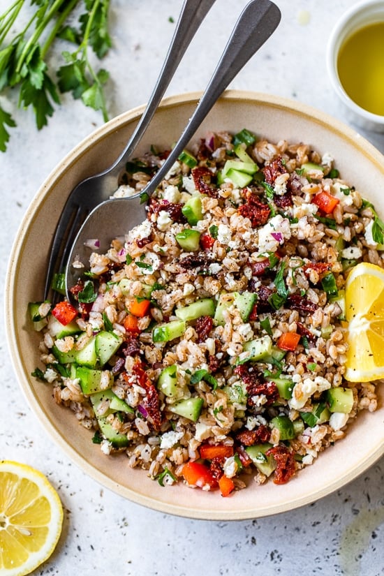Farro Salad with Feta, Cucumbers and Sun Dried Tomatoes