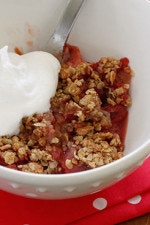 The perfect ending to a meal is a homemade warm fruit crisp topped with a dollop of whipped cream. Spring rhubarb and strawberries are the perfect combination of sweet and tart and work so well together for this comforting dessert.