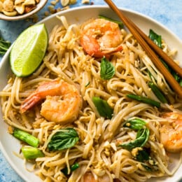 Overhead view of bowl of Pad Thai with shrimp