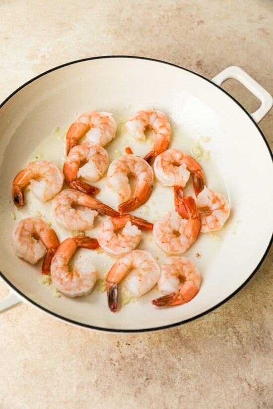 Shrimp cooking in wok